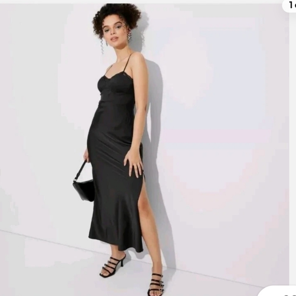 Wild Fable Black Spaghetti Strap Satin Bustier Corset Midi Dress With Slit S